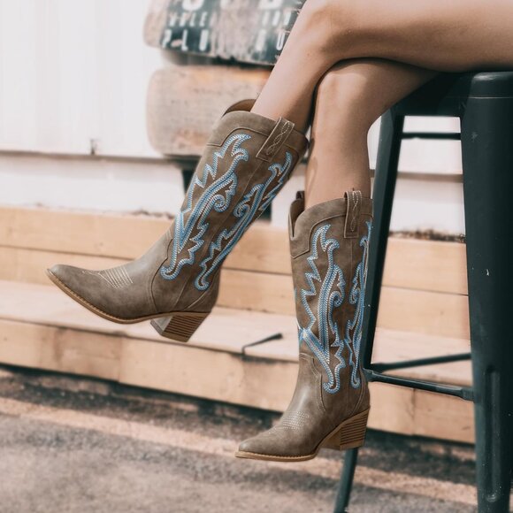 Embroidered Western Cowboy Boots Fashion Pointed Toe Chunky Heel Mid Calf - Picture 1 of 4